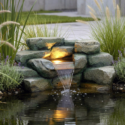 Kunstfelsen Wasserfall mit LED für Teich – Komplett Set inkl. 5W Pumpe & Schlauch Teichdeko in Steinoptik Wasserspiel für Gartenteich