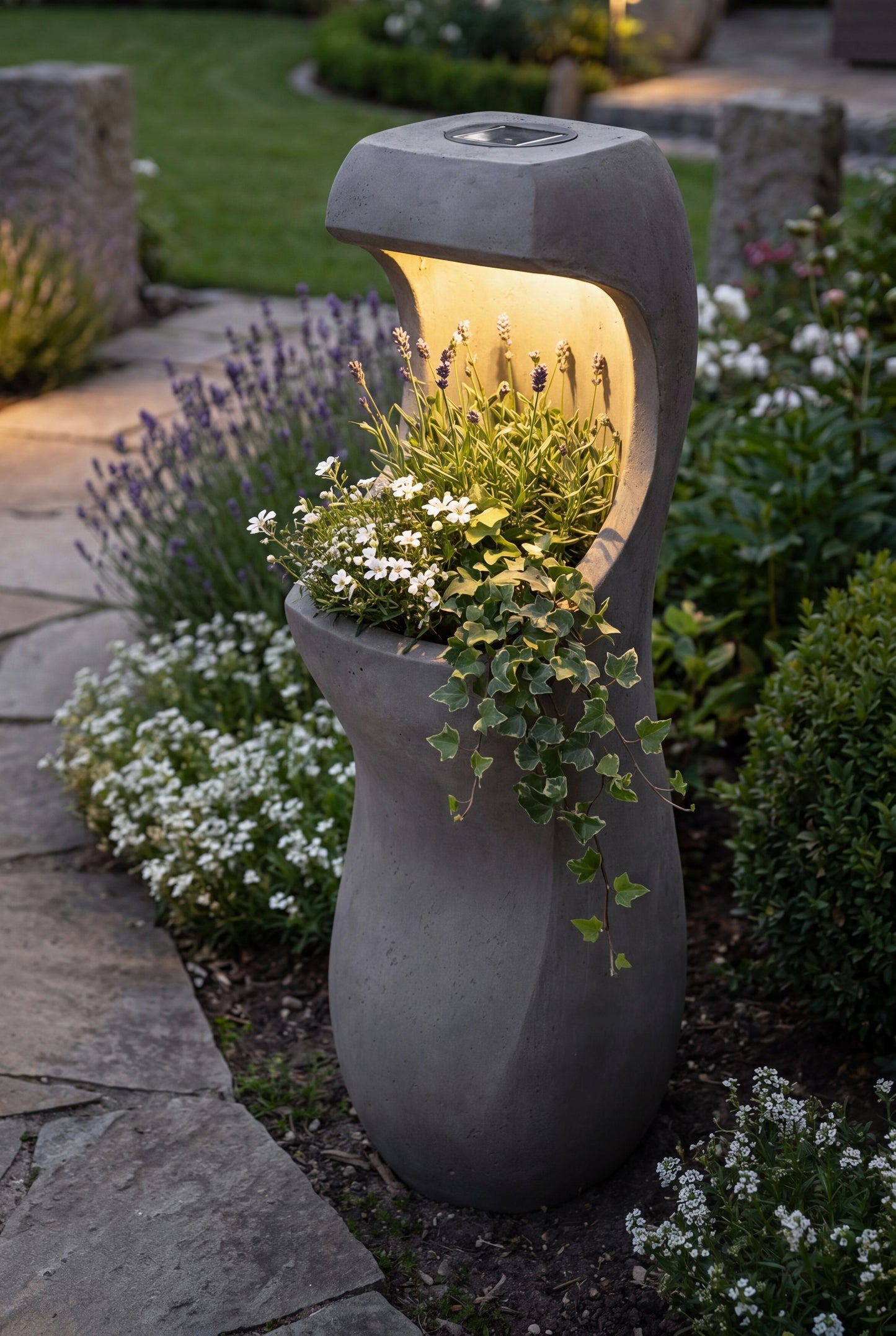 Design Pflanzkübel mit Solar LED Beleuchtung WIN 33 – 71 cm Blumentopf in Betonoptik, großer Blumentopf für Garten & Terrasse, wetterfest, beleuchtet