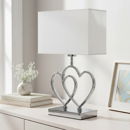 Arnusa Tischleuchte TLC014 mit Doppel Herz Metallfuß in Chromoptik & weißem Stoffschirm – 43 cm Tischlampe mit E27 Fassung, rechteckig, Nachttischlampe Wohnzimmer Schlafzimmer