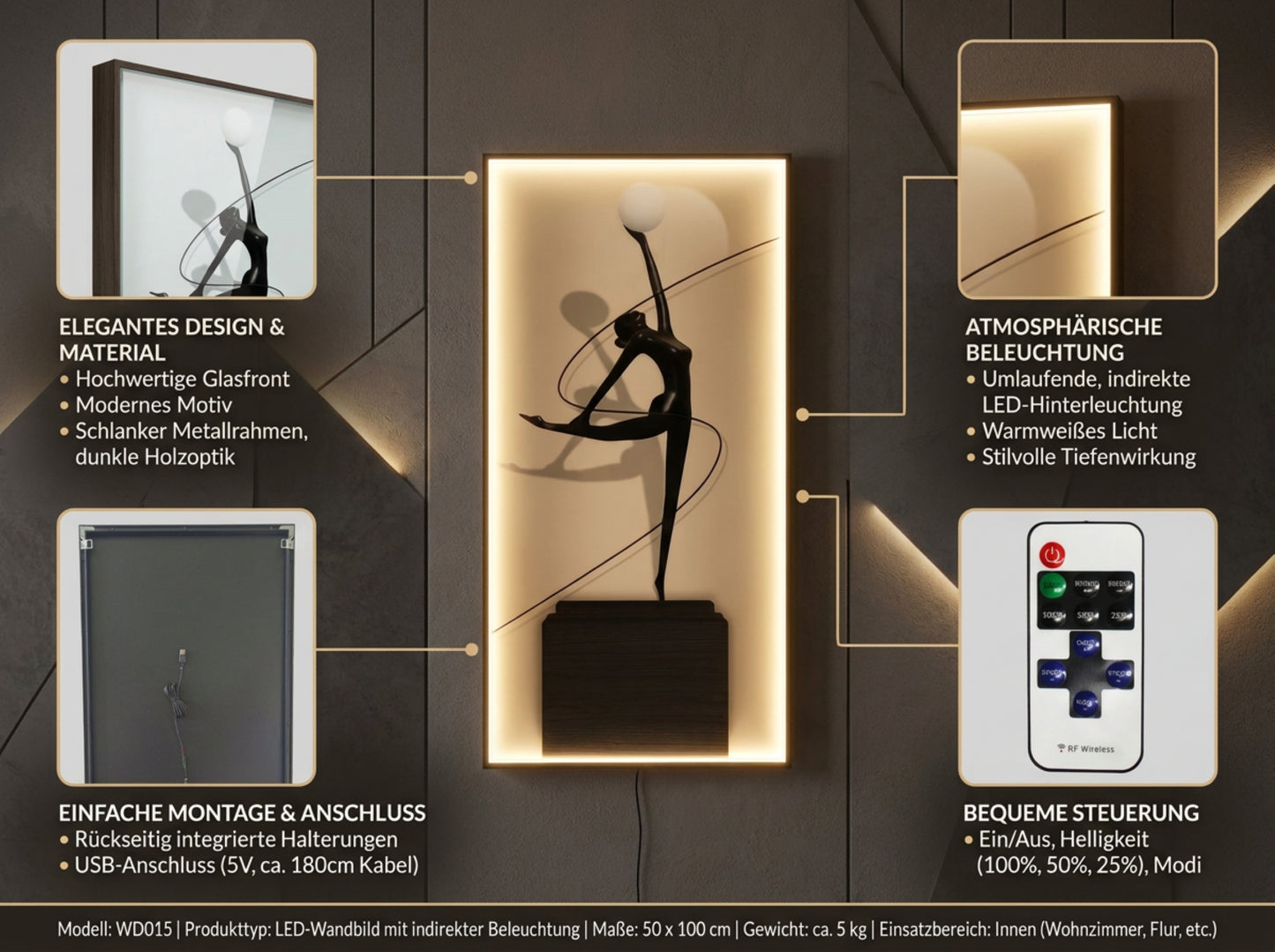 LED Glas Wandbild 100x50 cm mit Beleuchtung, Moderne Ballerina Wanddekoration, Indirekte Warmweiße LED, Dimmbar, Fernbedienung,