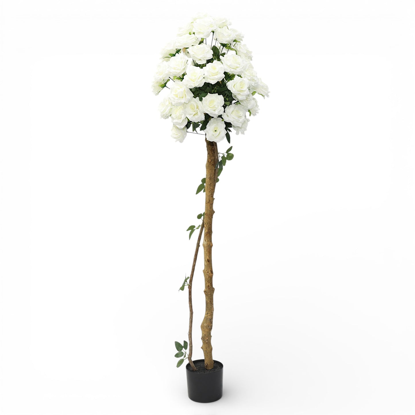 Künstliche Stockrose weiß – Kunstpflanze mit Echtholzstamm – 120 cm / 150 cm – realistische Rosen Deko für Wohnzimmer, Hochzeit, Event & Location