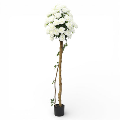 Künstliche Stockrose weiß – Kunstpflanze mit Echtholzstamm – 120 cm / 150 cm – realistische Rosen Deko für Wohnzimmer, Hochzeit, Event & Location