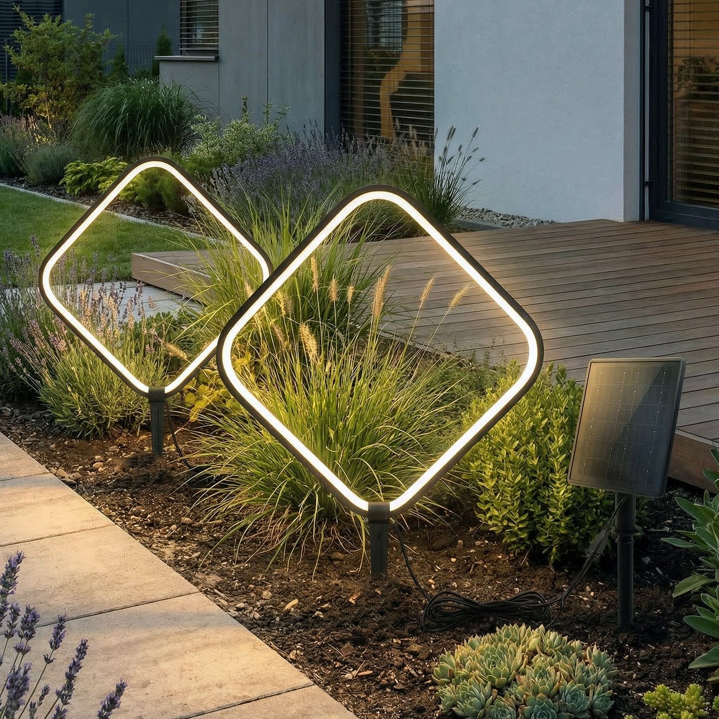 Solar Gartenleuchten 2er Set – LED Solar Gartenstecker modern, Solarleuchte Garten Rauten Design warmweiß, Aluminium