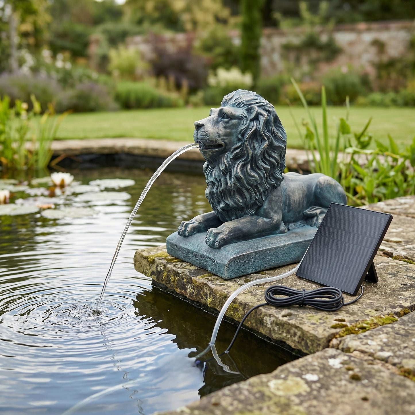 Löwe Solar Brunnen Wasserspeier solarbetrieben – Teichfigur mit Solarpumpe & Wasserspiel – Gartendeko aus Polyresin in Bronze-Optik 29×20x36,5 cm Solarteichfigur für Gartenteich & Wasserlauf
