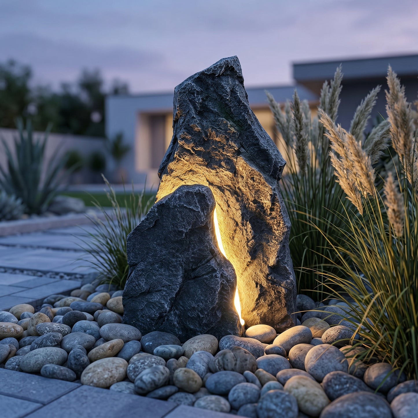 LED Leuchtfelsen Garten 48 cm, Felsleuchte in realistischer Steinoptik, warmweißer LED-Stripe, Polyresin Gartenbeleuchtung mit 12V IP44 Netzteil, 3 m Kabel, dekorative Steinlampe für Terrasse & Beet