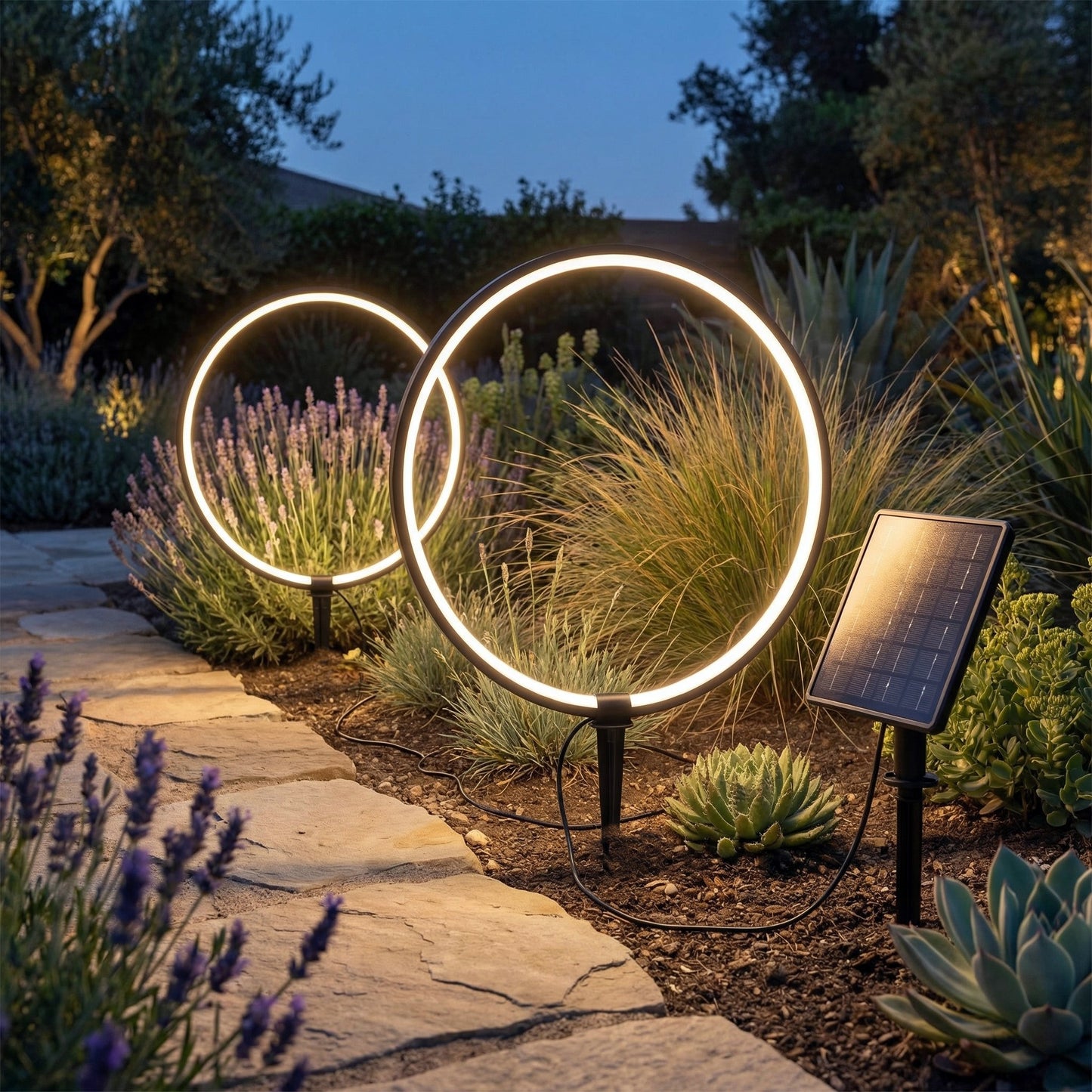 Solar Gartenleuchten LED Solar Gartenstecker modern, Solarleuchte Garten Leuchtringe Design warmweiß, Aluminium