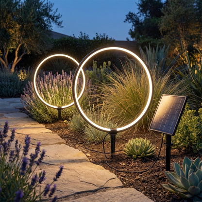 Solar Gartenleuchten LED Solar Gartenstecker modern, Solarleuchte Garten Leuchtringe Design warmweiß, Aluminium