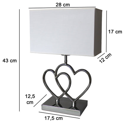 Arnusa Tischleuchte TLC014 mit Doppel Herz Metallfuß in Chromoptik & weißem Stoffschirm – 43 cm Tischlampe mit E27 Fassung, rechteckig, Nachttischlampe Wohnzimmer Schlafzimmer