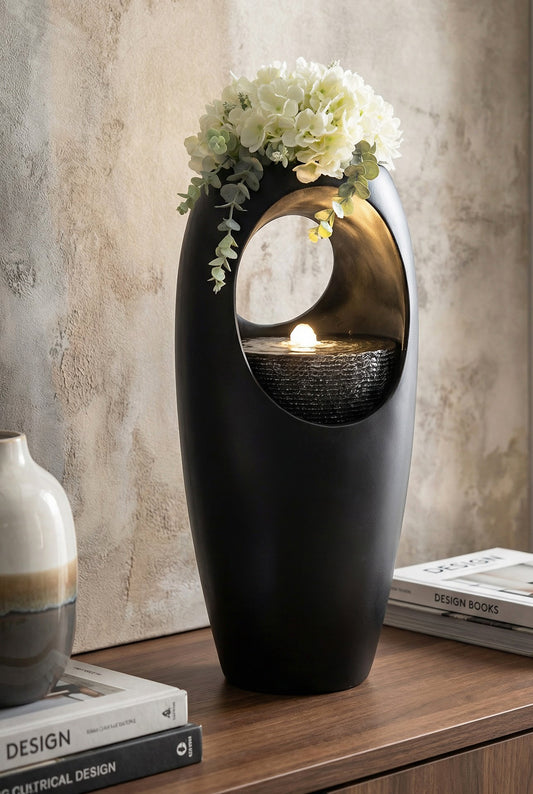 Zimmerbrunnen Blumenvase schwarz BK916 mit LED Beleuchtung Tischbrunnen Vase modern Brunnen Wasserspiel 45 cm