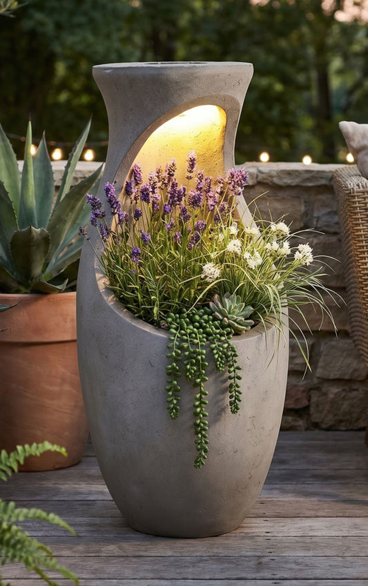 Design Pflanzkübel mit Solar LED Beleuchtung WIN 32 – 61 cm Blumentopf in Betonoptik, großer Blumentopf für Garten & Terrasse, wetterfest, beleuchtet