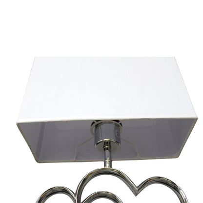 Arnusa Tischleuchte TLC014 mit Doppel Herz Metallfuß in Chromoptik & weißem Stoffschirm – 43 cm Tischlampe mit E27 Fassung, rechteckig, Nachttischlampe Wohnzimmer Schlafzimmer