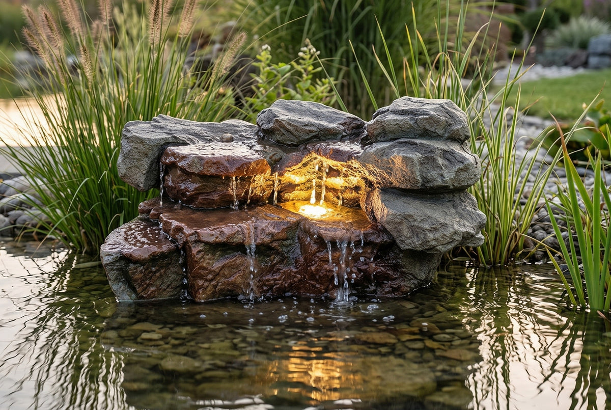 Teichwasserfall mit LED & Pumpe 500 L/h – Wasserfall Felsen für Gartenteich
