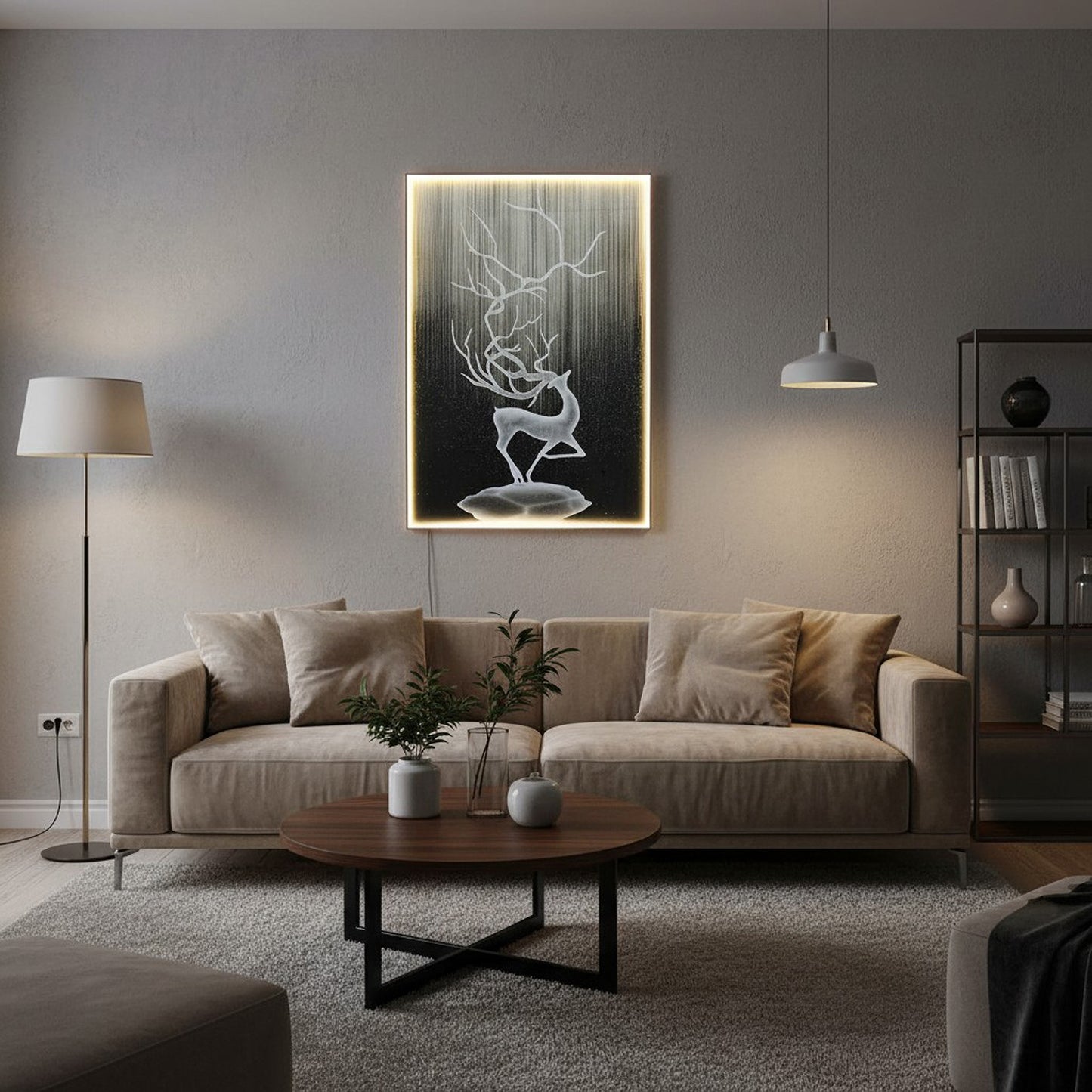 LED Wandbild Hirsch Glas mit Beleuchtung – Modernes Lichtbild mit warmweißer LED, Fernbedienung, USB, 70×100 cm WD008