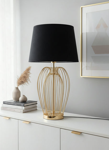 Arnusa Tischleuchte TLC013 Gold Schwarz – 63 cm Design Tischlampe mit Metallfuß in Drahtoptik & Stoffschirm – E27 Fassung, 32,5 cm Ø – Nachttischlampe Wohnzimmer Schlafzimme