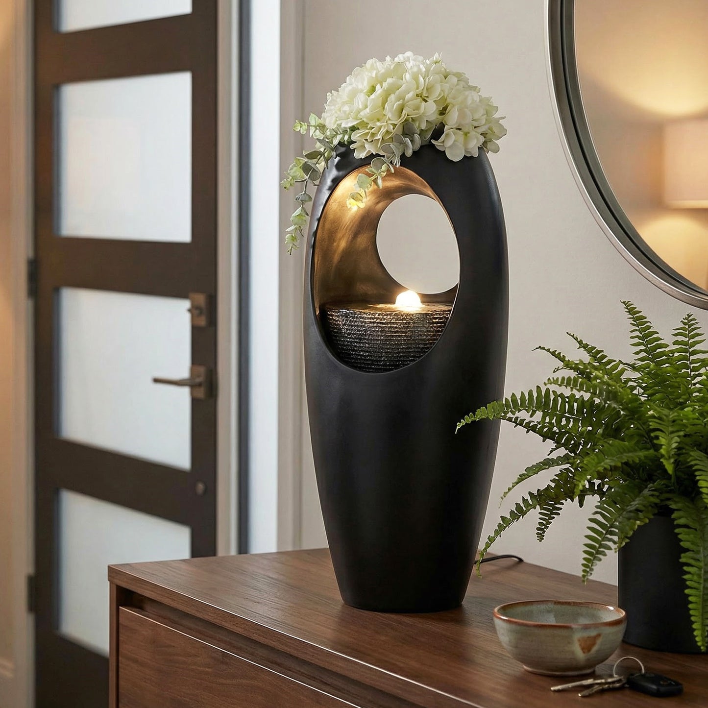 Zimmerbrunnen Blumenvase schwarz BK916 mit LED Beleuchtung Tischbrunnen Vase modern Brunnen Wasserspiel 45 cm