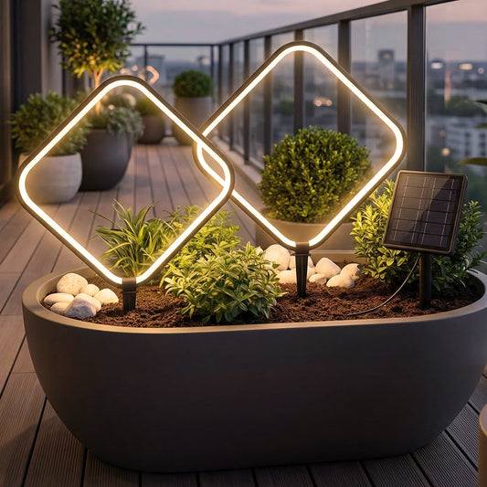 Solar Gartenleuchten 2er Set – LED Solar Gartenstecker modern, Solarleuchte Garten Rauten Design warmweiß, Aluminium