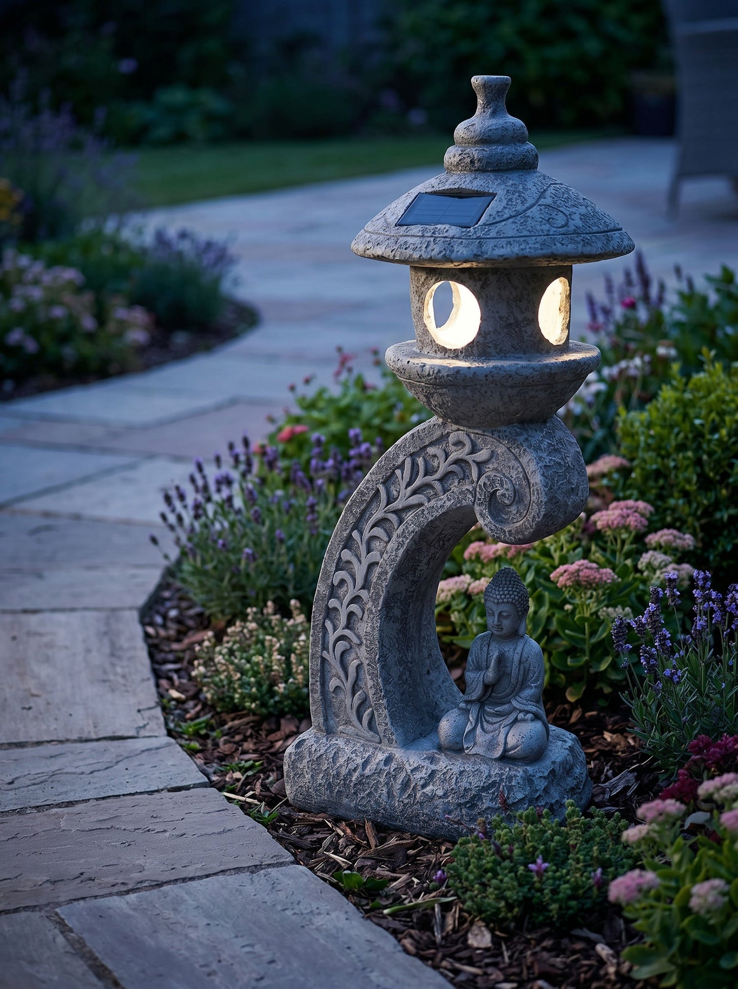 Solar Gartenleuchte Pagode 60 cm – LED Gartenlampe in Steinoptik mit Buddha – warmweiß – Solar Laterne für Garten, Terrasse & Teich