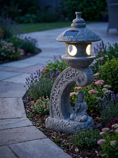 Solar Gartenleuchte Pagode 60 cm – LED Gartenlampe in Steinoptik mit Buddha – warmweiß – Solar Laterne für Garten, Terrasse & Teich