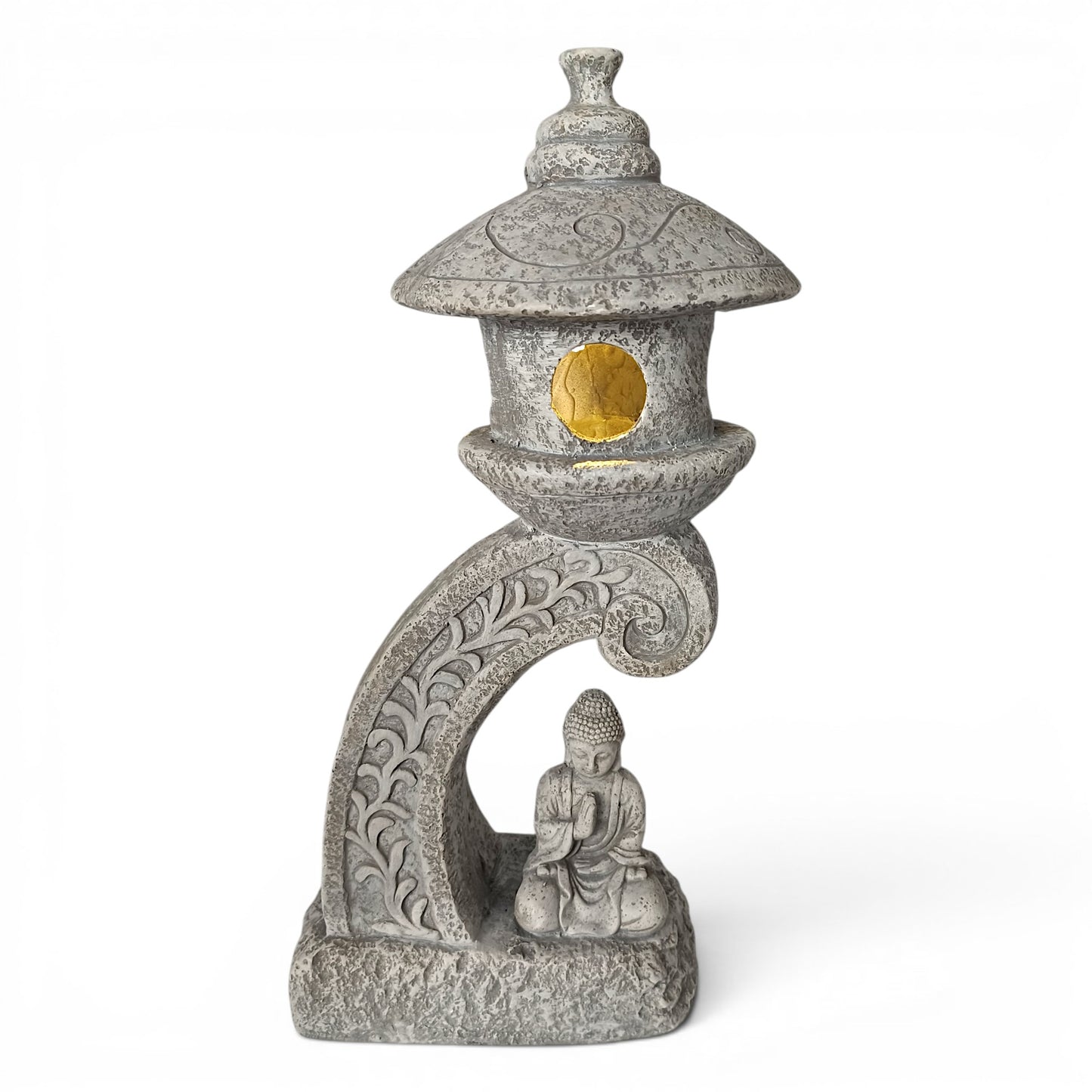 Solar Gartenleuchte Pagode 60 cm – LED Gartenlampe in Steinoptik mit Buddha – warmweiß – Solar Laterne für Garten, Terrasse & Teich