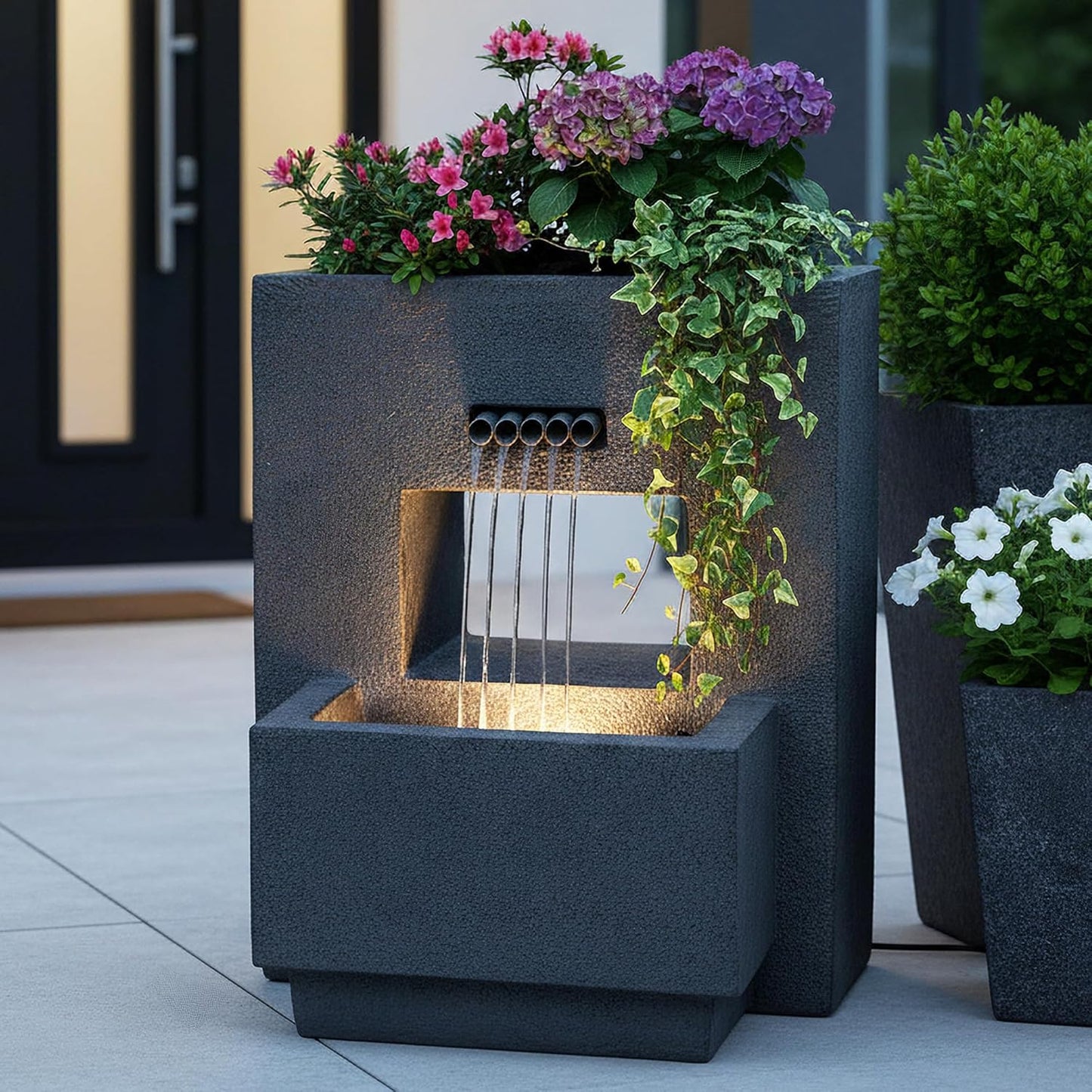 Gartenbrunnen mit Beleuchtung bepflanzbar Betonoptik 57 cm Springbrunnen