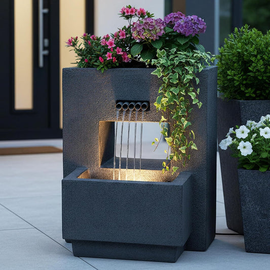 Gartenbrunnen mit Beleuchtung bepflanzbar Betonoptik 57 cm Springbrunnen