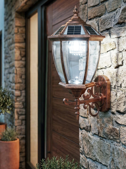 Solar Außenwandleuchte im Vintage Design – LED Gartenlaterne für die Wand kabellos, Warmweiß oder Kaltweiß wählbar, Dämmerungssensor, IP55 wetterfest Aluminium & Glas