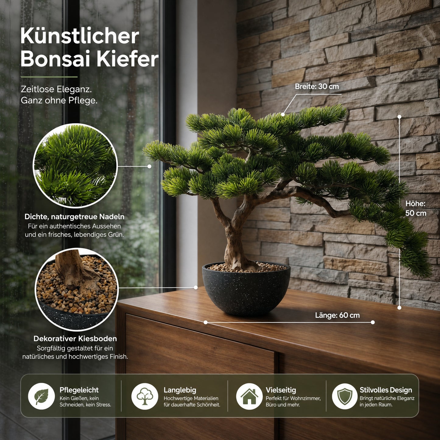 künstlicher Bonsai 60 cm im Topf, Premium Kunstbonsai mit festem Kiesbett, dekorativer Bonsaibaum kunstpflanze
