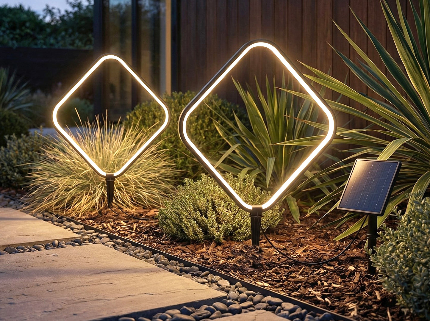Solar Gartenleuchten 2er Set – LED Solar Gartenstecker modern, Solarleuchte Garten Rauten Design warmweiß, Aluminium