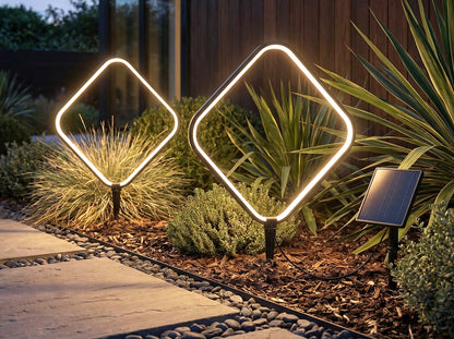 Solar Gartenleuchten 2er Set – LED Solar Gartenstecker modern, Solarleuchte Garten Rauten Design warmweiß, Aluminium