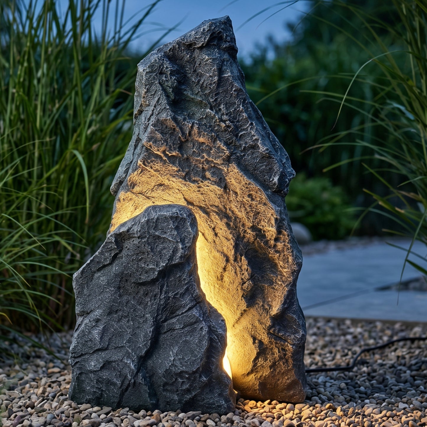 LED Leuchtfelsen Garten 48 cm, Felsleuchte in realistischer Steinoptik, warmweißer LED-Stripe, Polyresin Gartenbeleuchtung mit 12V IP44 Netzteil, 3 m Kabel, dekorative Steinlampe für Terrasse & Beet