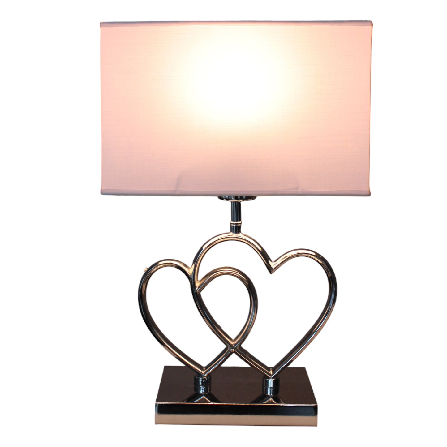 Arnusa Tischleuchte TLC014 mit Doppel Herz Metallfuß in Chromoptik & weißem Stoffschirm – 43 cm Tischlampe mit E27 Fassung, rechteckig, Nachttischlampe Wohnzimmer Schlafzimmer