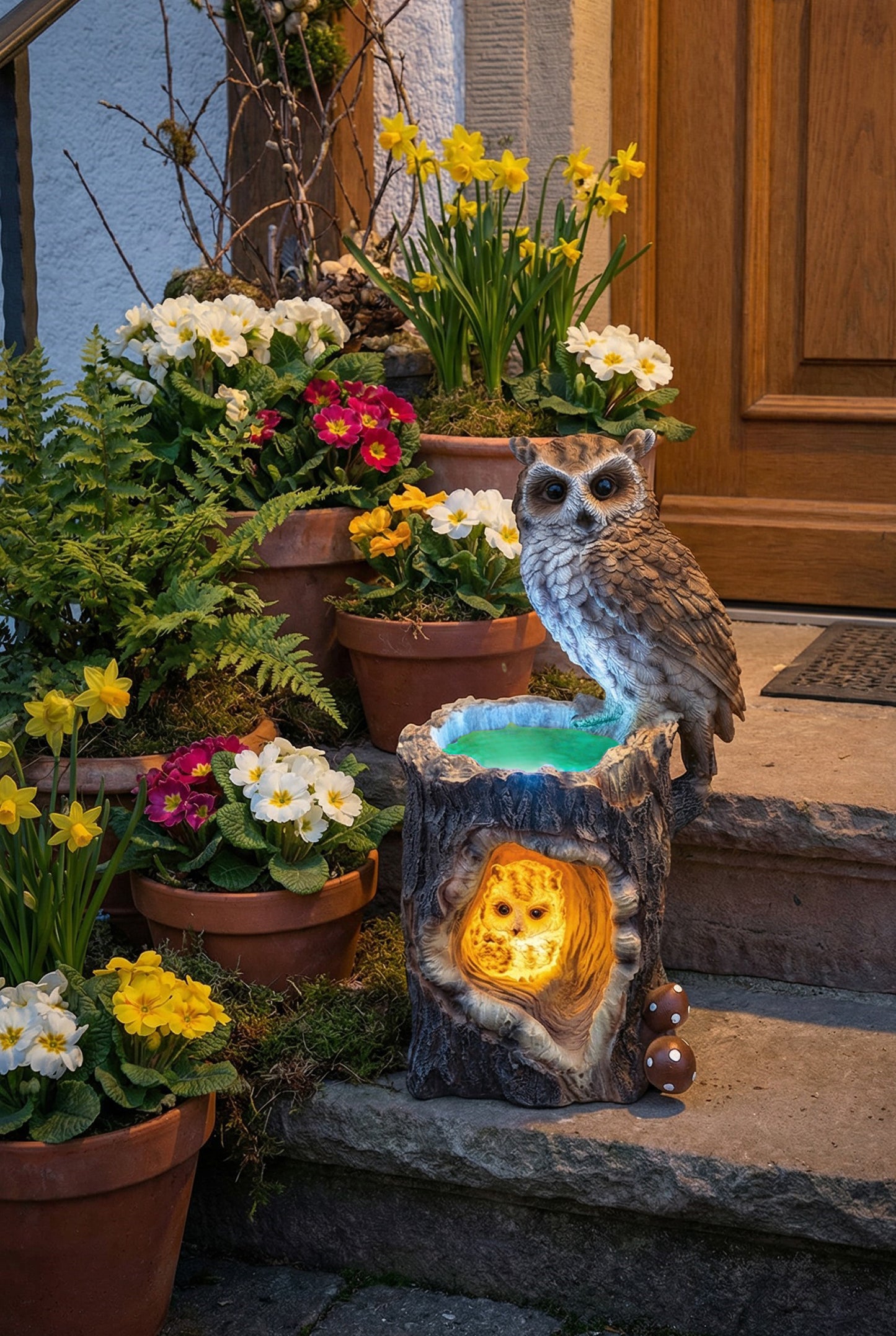 Solar Gartenfigur Eule mit Baumstamm 30 cm Solarleuchte detailreich Gartendeko beleuchtet Tierfigur
