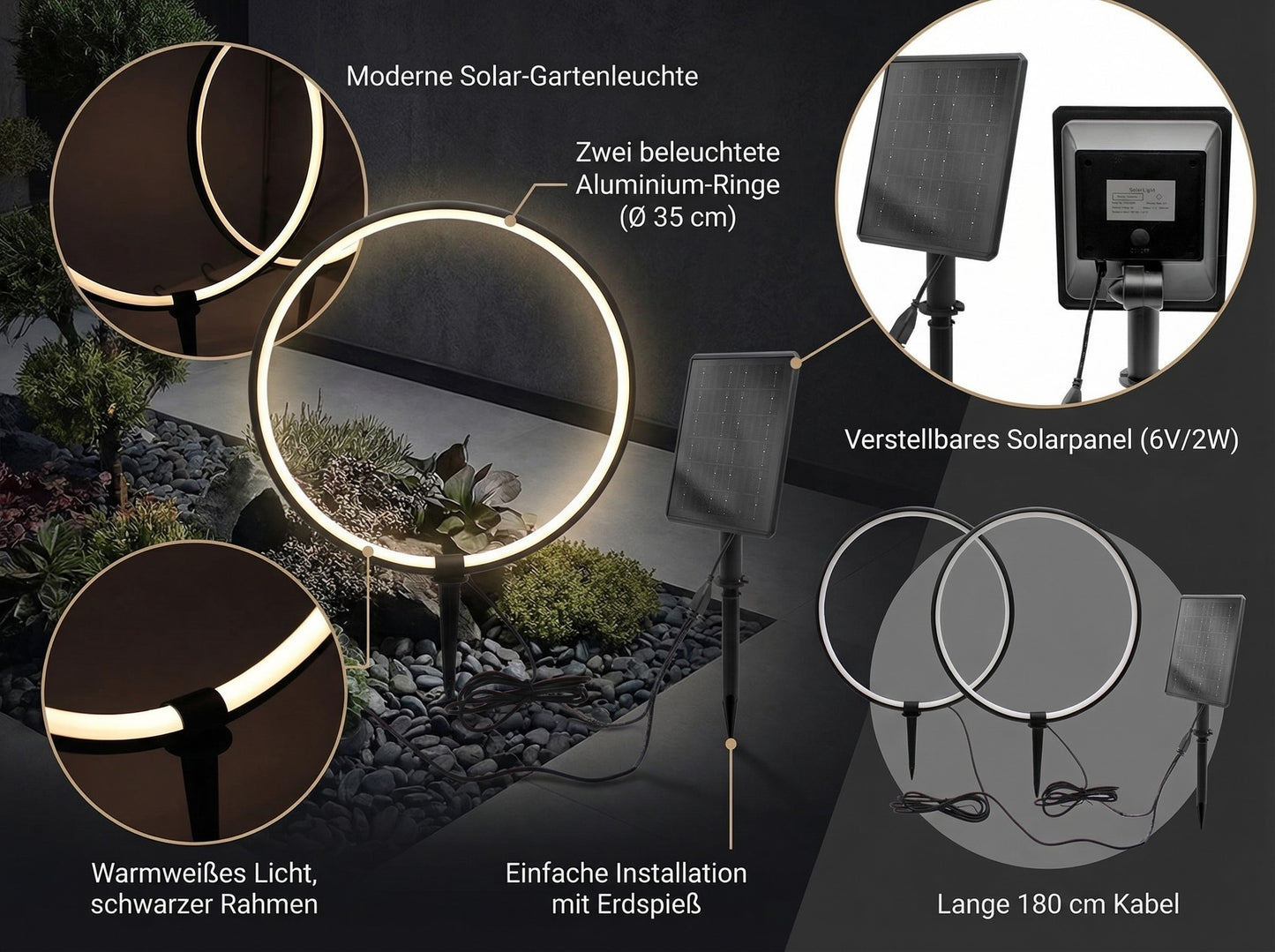 Solar Gartenleuchten LED Solar Gartenstecker modern, Solarleuchte Garten Leuchtringe Design warmweiß, Aluminium