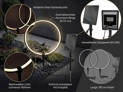 Solar Gartenleuchten LED Solar Gartenstecker modern, Solarleuchte Garten Leuchtringe Design warmweiß, Aluminium