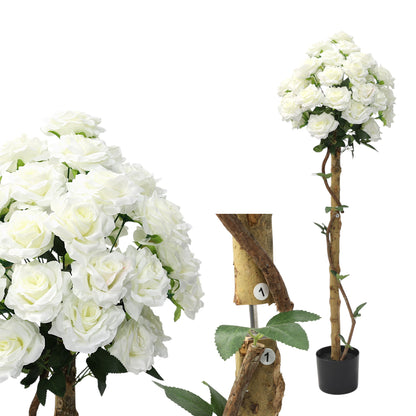 Künstliche Stockrose weiß – Kunstpflanze mit Echtholzstamm – 120 cm / 150 cm – realistische Rosen Deko für Wohnzimmer, Hochzeit, Event & Location