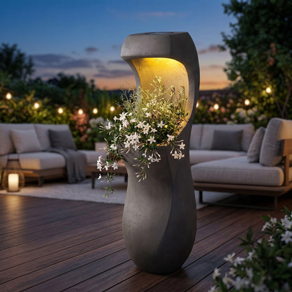 Design Pflanzkübel mit Solar LED Beleuchtung WIN 33 – 71 cm Blumentopf in Betonoptik, großer Blumentopf für Garten & Terrasse, wetterfest, beleuchtet