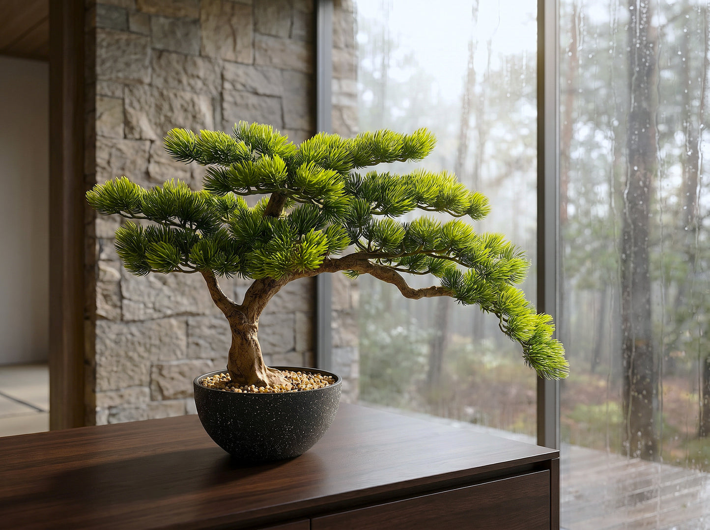 künstlicher Bonsai 60 cm im Topf, Premium Kunstbonsai mit festem Kiesbett, dekorativer Bonsaibaum kunstpflanze