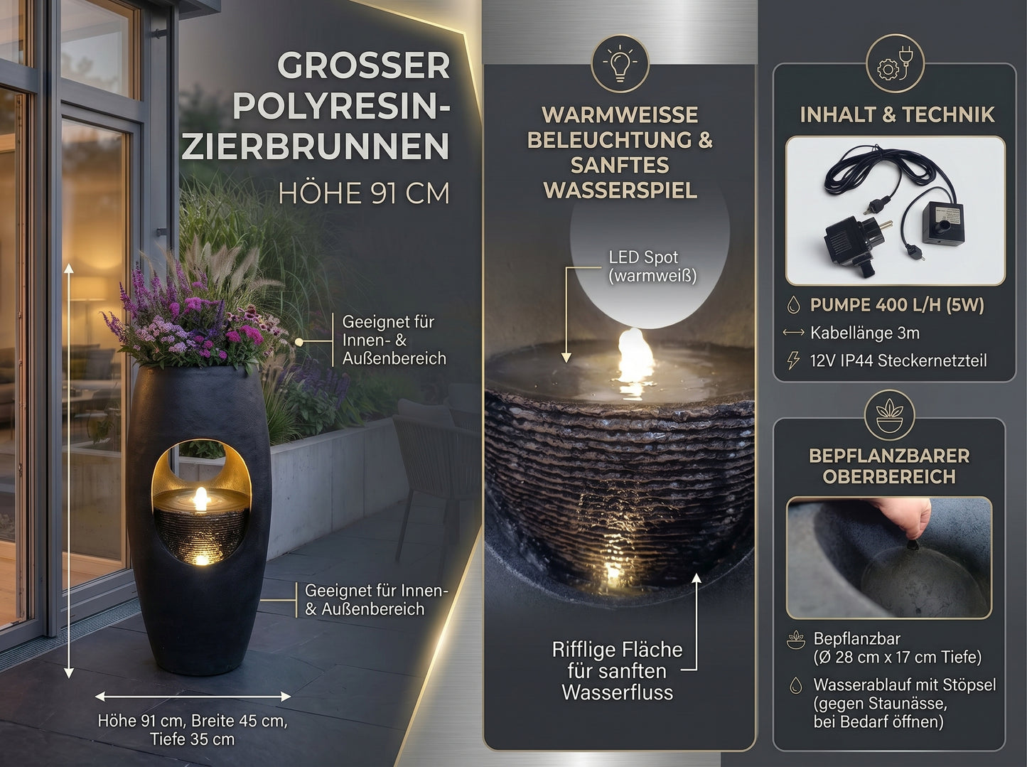 Großer Gartenbrunnen 91 cm bepflanzbar, Indoor & Outdoor Brunnen aus Polyresin, moderner Zimmerbrunnen mit LED-Beleuchtung, Pflanzkübel Springbrunnen für Terrasse Garten Balkon