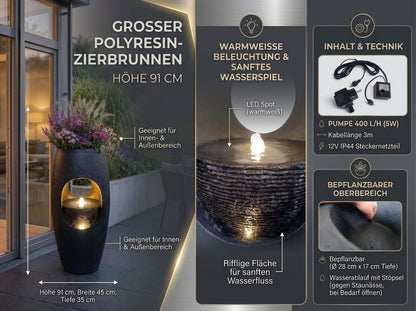 Großer Gartenbrunnen 91 cm bepflanzbar, Indoor & Outdoor Brunnen aus Polyresin, moderner Zimmerbrunnen mit LED-Beleuchtung, Pflanzkübel Springbrunnen für Terrasse Garten Balkon