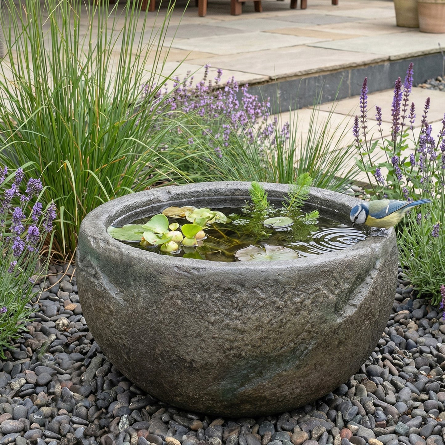 kleiner Teich rund 50 cm in Steinoptik aus Polyresin – Miniteich & kleiner Dekoteich für Garten und Terrasse Wasserschale, Wasserbecken, Vogeltränke für Solarbrunnen oder Wasserspiele