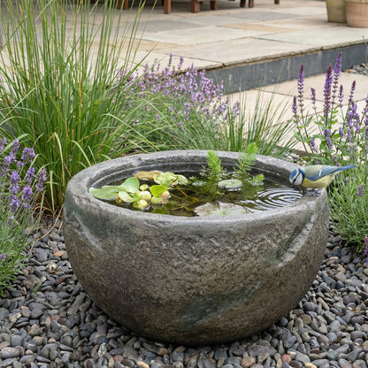 kleiner Teich rund 50 cm in Steinoptik aus Polyresin – Miniteich & kleiner Dekoteich für Garten und Terrasse Wasserschale, Wasserbecken, Vogeltränke für Solarbrunnen oder Wasserspiele