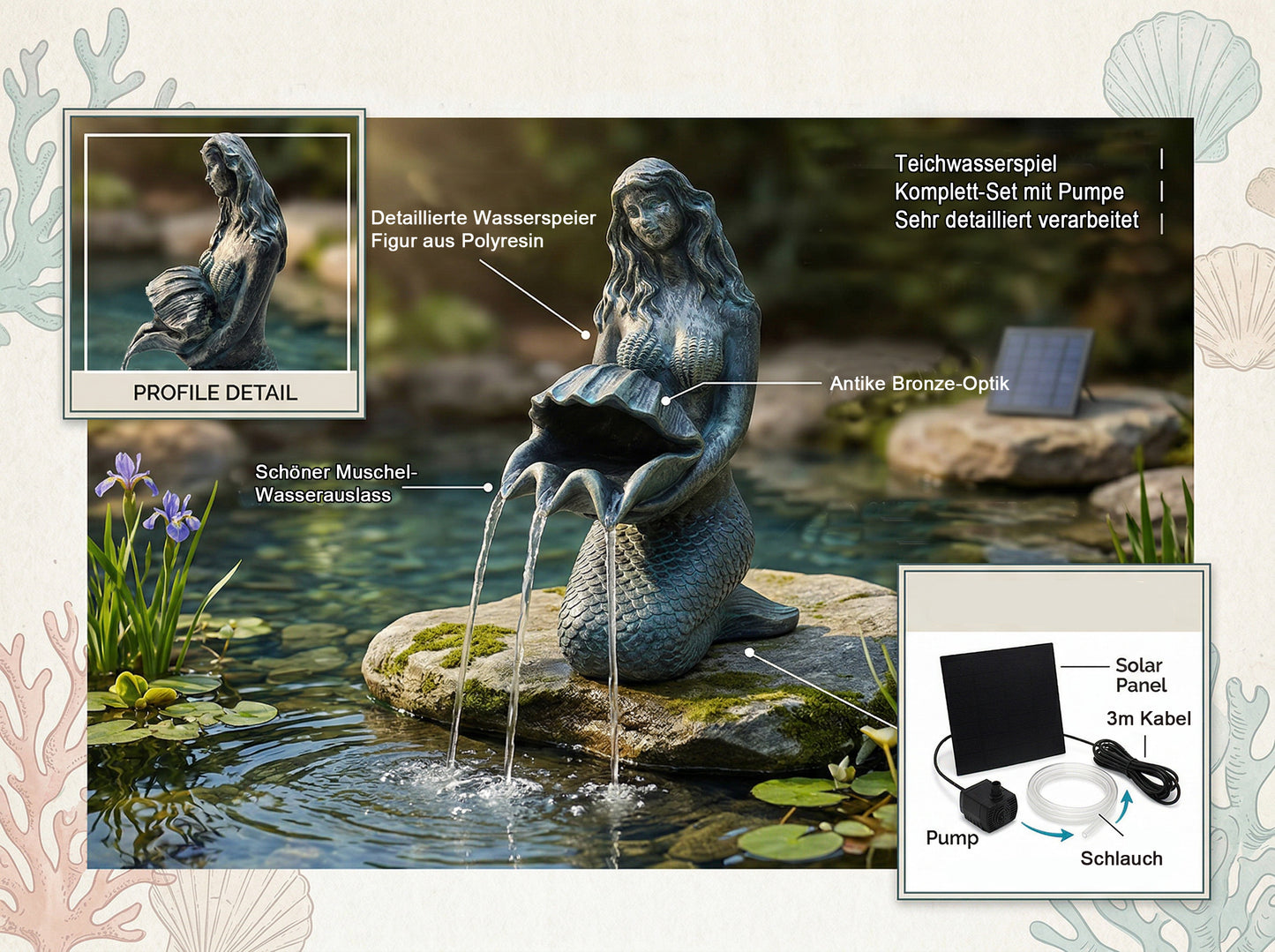 Meerjungfrau Solar Brunnen Wasserspeier solarbetrieben – Teichfigur mit Solarpumpe & Wasserspiel – Gartendeko aus Polyresin in Bronze-Optik 27×14x13 cm Solarteichfigur für Gartenteich & Wasserlauf