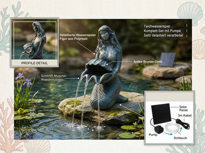 Meerjungfrau Solar Brunnen Wasserspeier solarbetrieben – Teichfigur mit Solarpumpe & Wasserspiel – Gartendeko aus Polyresin in Bronze-Optik 27×14x13 cm Solarteichfigur für Gartenteich & Wasserlauf