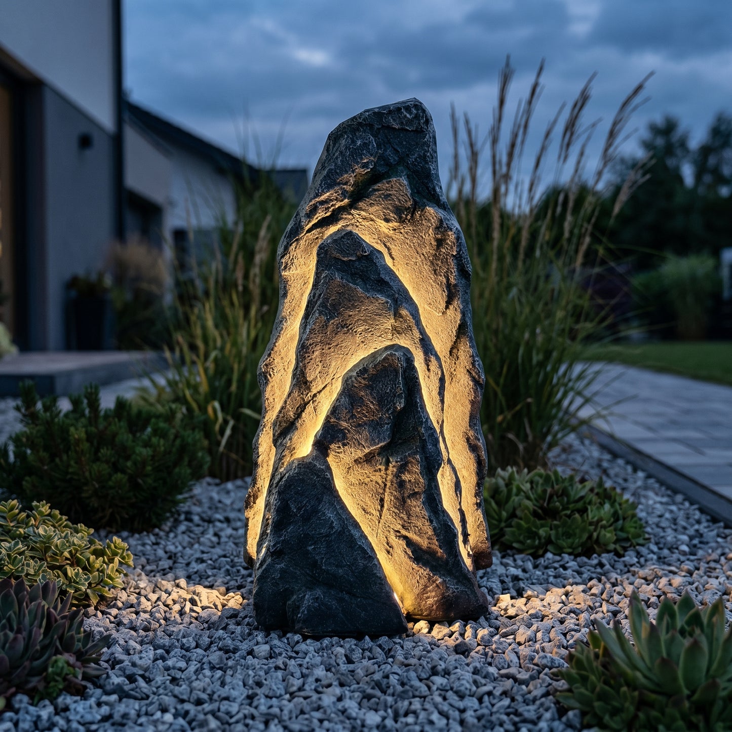 Großer LED Leuchtfelsen Garten 80 cm, beleuchtete Felsdeko mit warmweißen LED-Stripes, realistische Steinoptik aus Polyresin, 12V IP44 Netzteil, 3 m Kabel, Outdoor Gartenbeleuchtung für Terrasse & Eingangsbereich