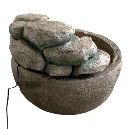 Gartenbrunnen BK911 Ø50 cm – Runder Springbrunnen in Steinoptik mit Wasserfall, warmweiße LED Beleuchtung Deko Teich