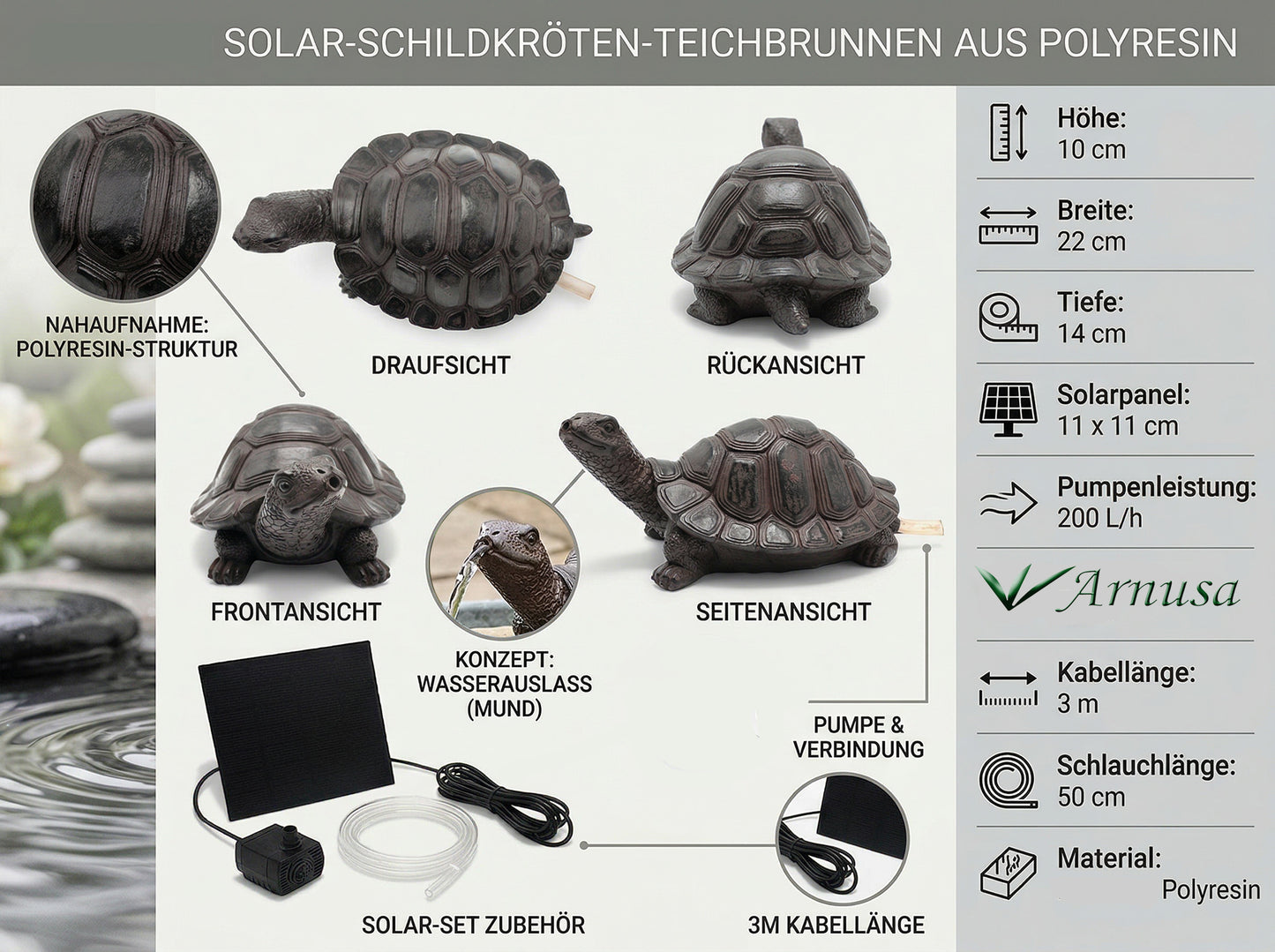 Solar Brunnen Schildkröte Wasserspeier solarbetrieben – Teichfigur mit Solarpumpe & Wasserspiel – Gartendeko aus Polyresin in Bronze-Optik 10×22x14 cm Solarteichfigur für Gartenteich & Wasserlauf