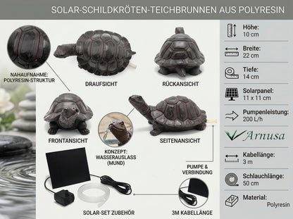 Solar Brunnen Schildkröte Wasserspeier solarbetrieben – Teichfigur mit Solarpumpe & Wasserspiel – Gartendeko aus Polyresin in Bronze-Optik 10×22x14 cm Solarteichfigur für Gartenteich & Wasserlauf