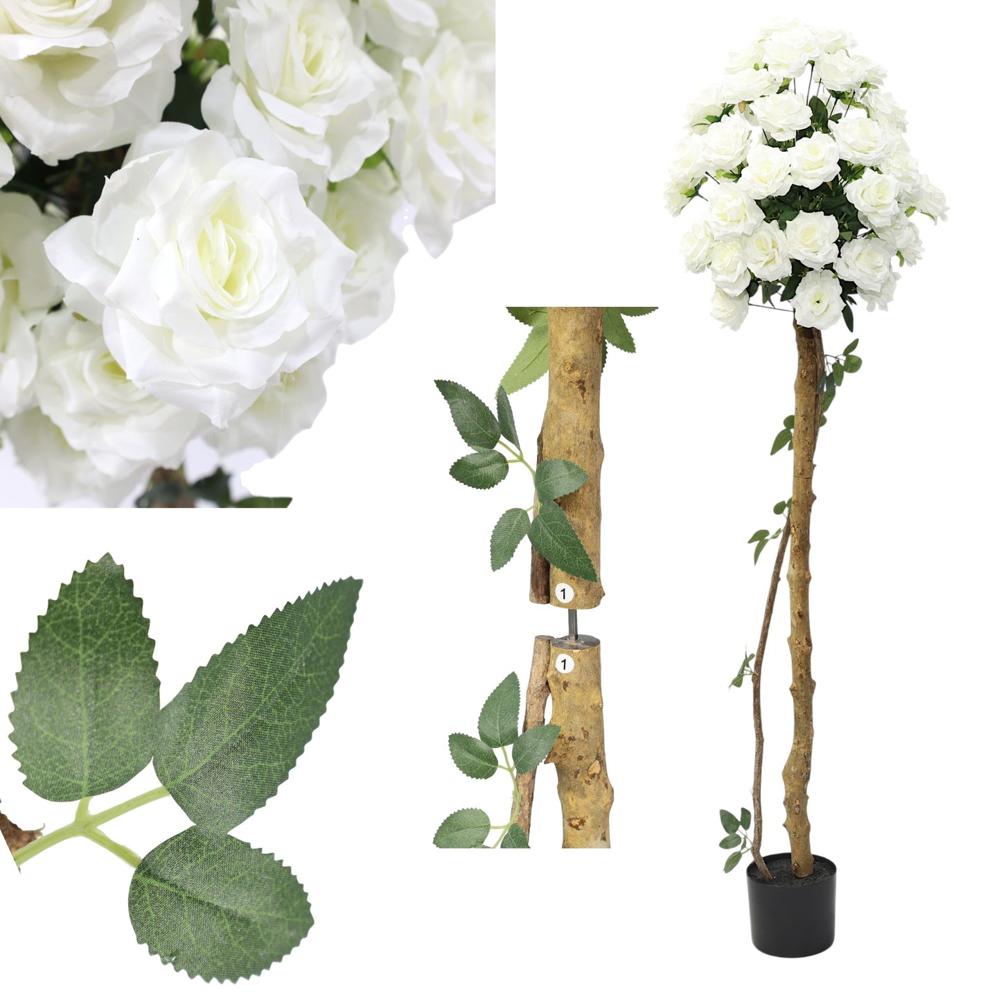 Künstliche Stockrose weiß – Kunstpflanze mit Echtholzstamm – 120 cm / 150 cm – realistische Rosen Deko für Wohnzimmer, Hochzeit, Event & Location