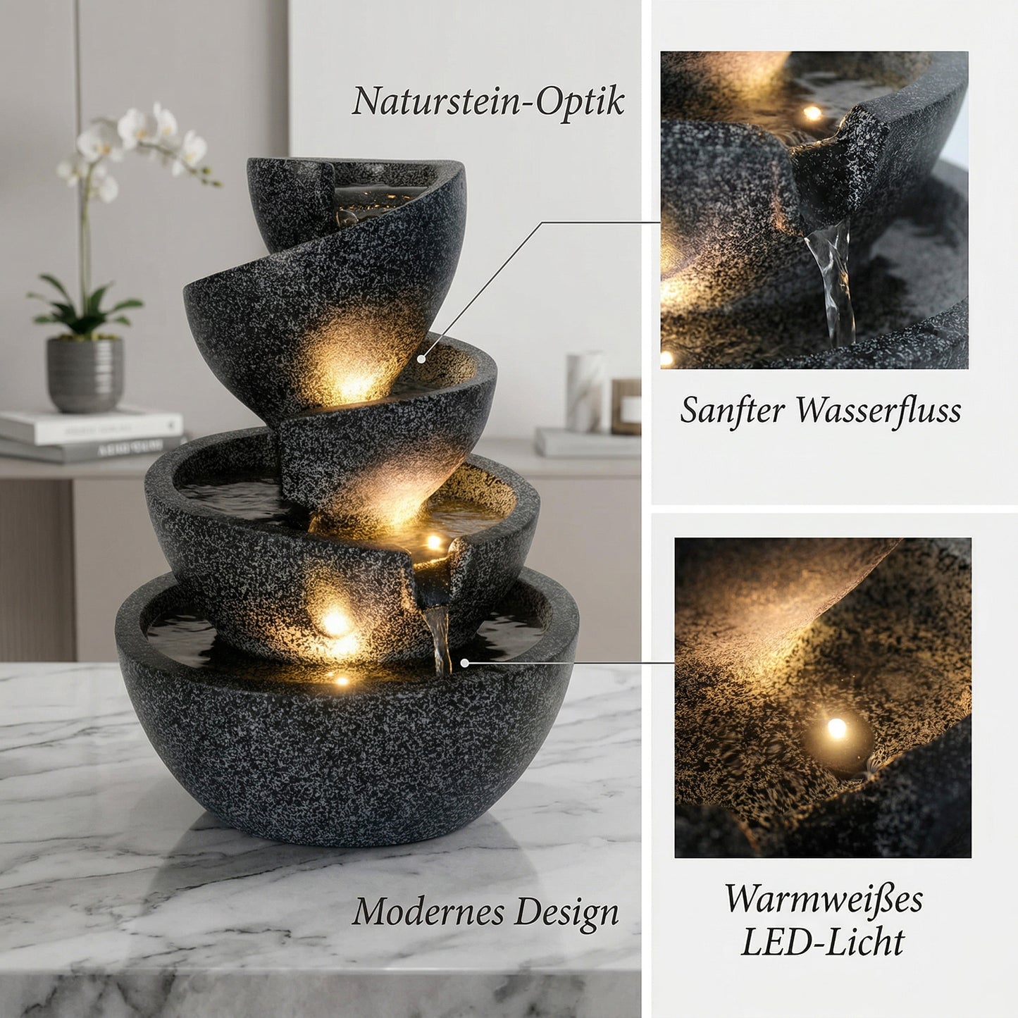 Zimmerbrunnen mit LED Beleuchtung in warmweiß BK912 stilvoller Springbrunnen für Innen und Außen Gartenbrunnen Dekoration