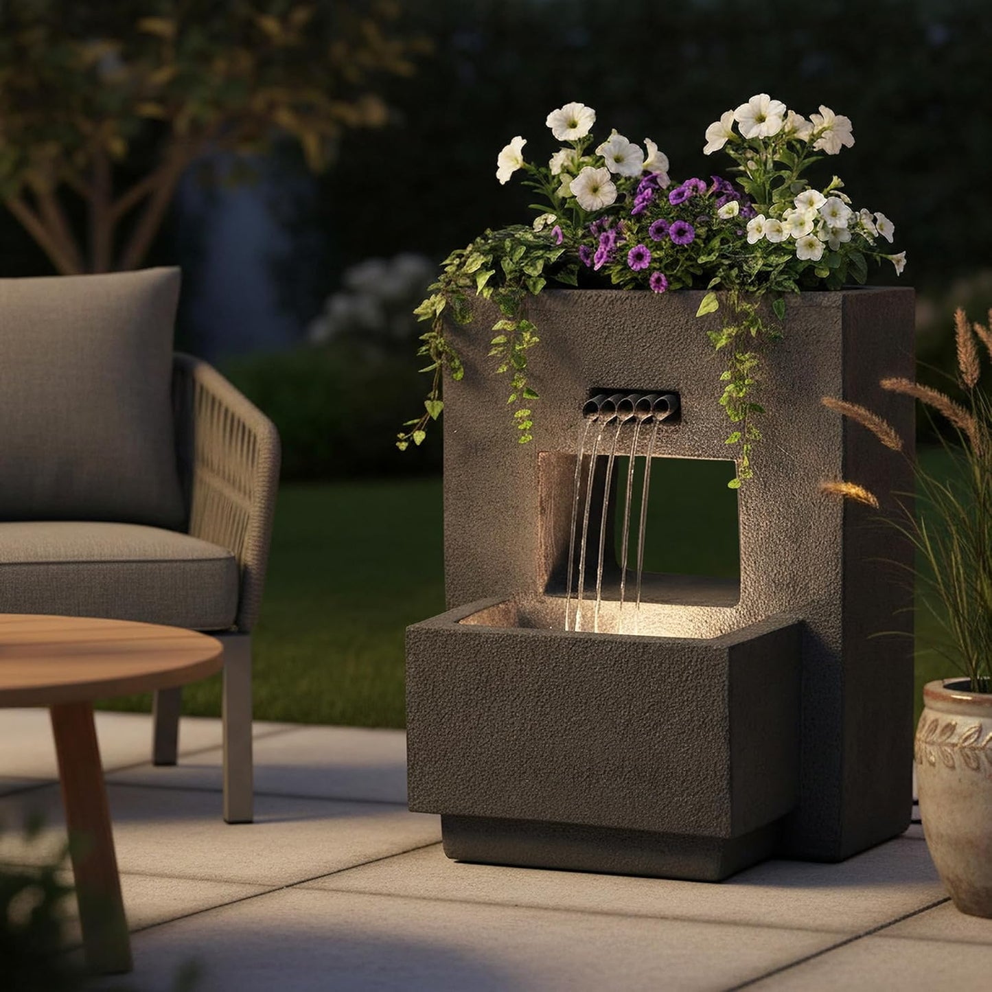 Gartenbrunnen mit Beleuchtung bepflanzbar Betonoptik 57 cm Springbrunnen